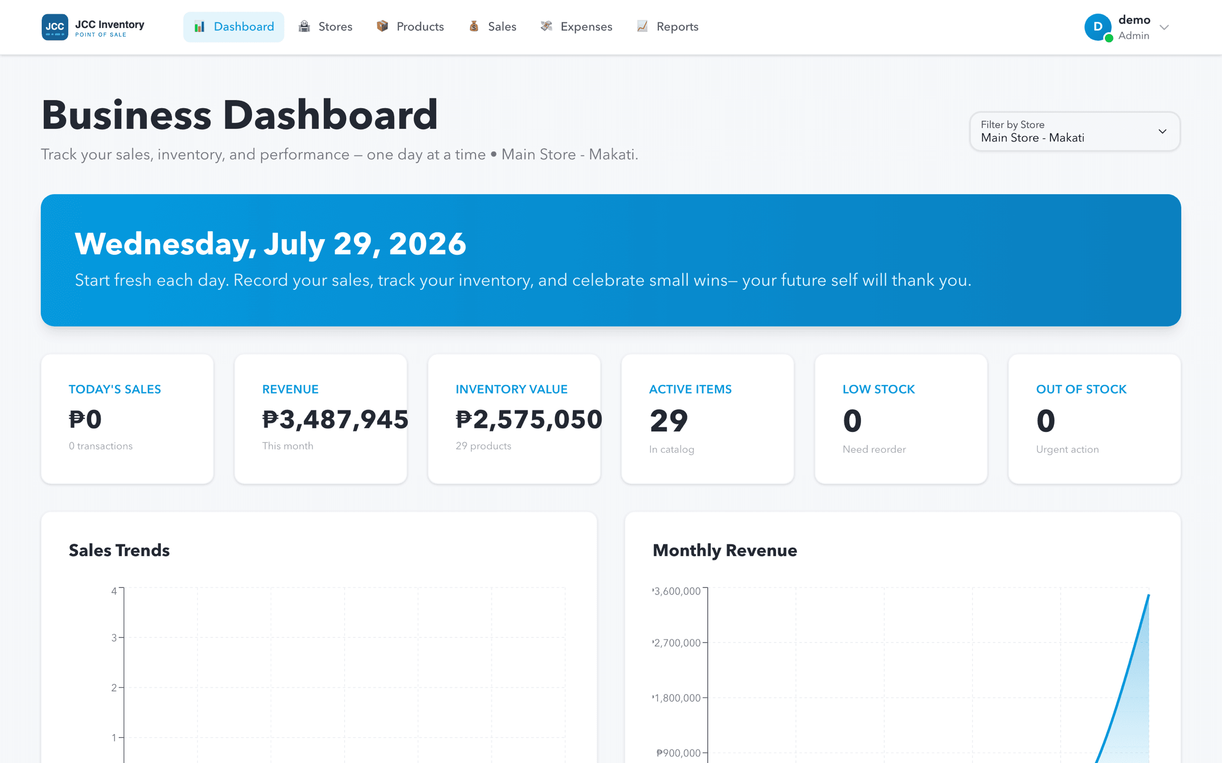 The JCC Inventory business dashboard showing today's sales, month revenue, inventory value of ₱2,575,050, active item count and low-stock and out-of-stock tiles, above sales trend and monthly revenue charts.